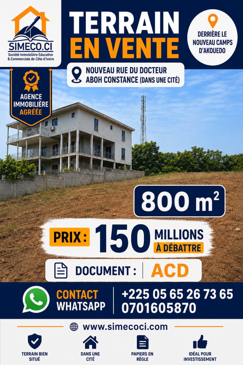 Terrain 800 m² avec ACD en vente à Akouédo — SIMECO.CI